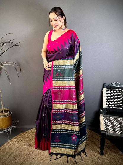 Pink Cotton Katan Bomkai Rich Pallu Pattu Saree