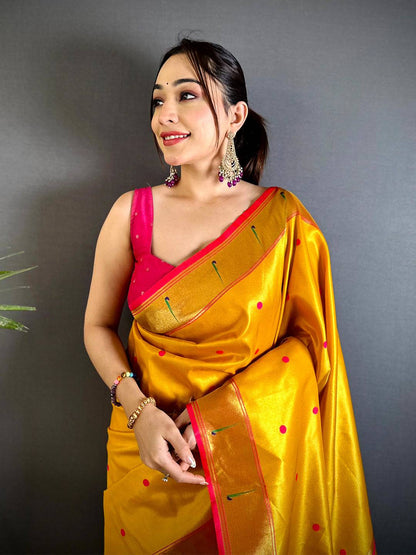 Yellow Glass Tissue Yevla Paithani Pattu Saree