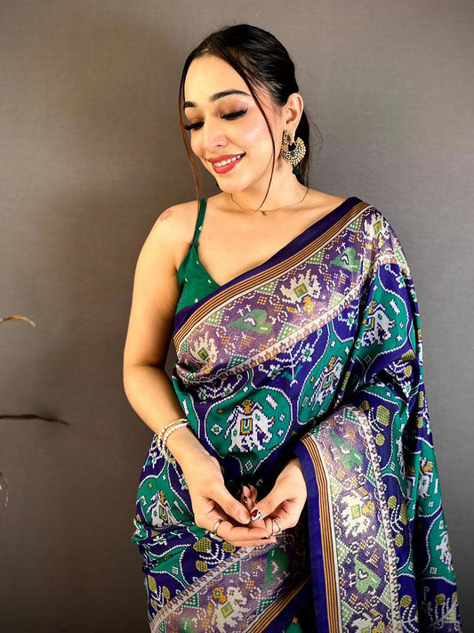 Teal Patola Weave Soft Semi Silk Pattu Saree