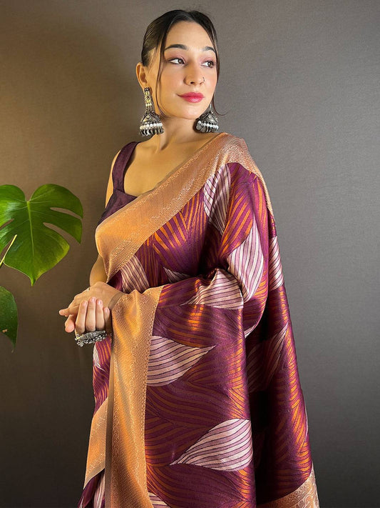 Cherry Tussar Silk Zari Weaving Ikkat Pattu Saree