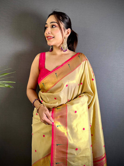 Cream Glass Tissue Yevla Paithani Pattu Saree