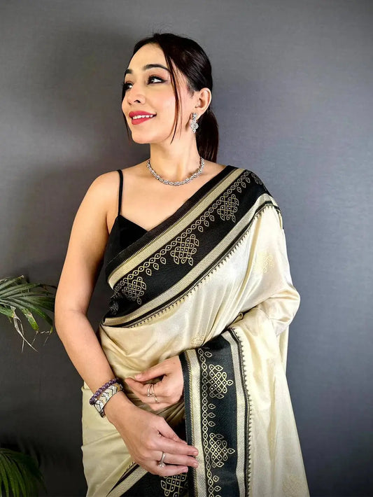 Cream Soft Silk Ikkat Kolam Pattu Saree