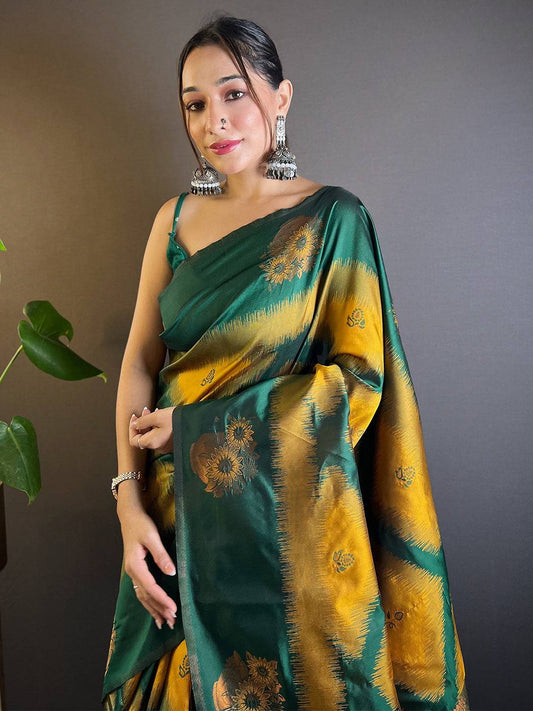 Mustard Tussar Silk Ikkat Weaving Pattu Saree