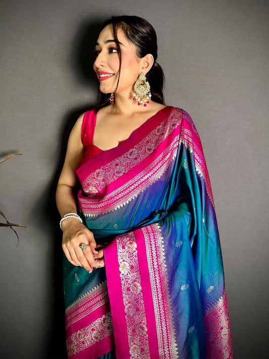 Gold Zari Woven Teal Soft Silk Pattu Saree