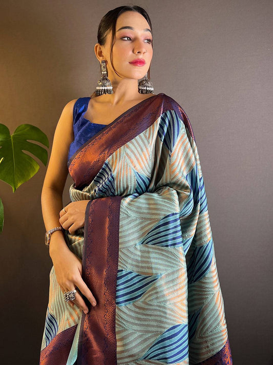 Sky Blue Tussar Silk Zari Weaving Ikkat Pattu Saree