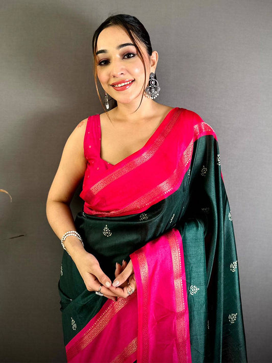 Green Soft Dola Block Print Pallu Pattu Saree