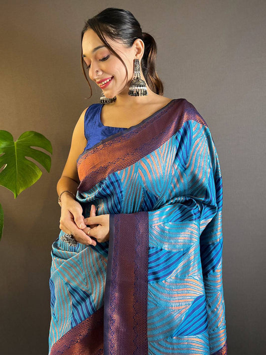 Royal Blue Tussar Silk Zari Weaving Ikkat Pattu Saree