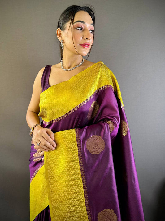 Wine Elegance With Golden Motifs Pattu Saree