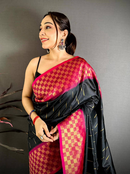 Black Soft Katan Silk Gold Zari Weave Pattu Saree