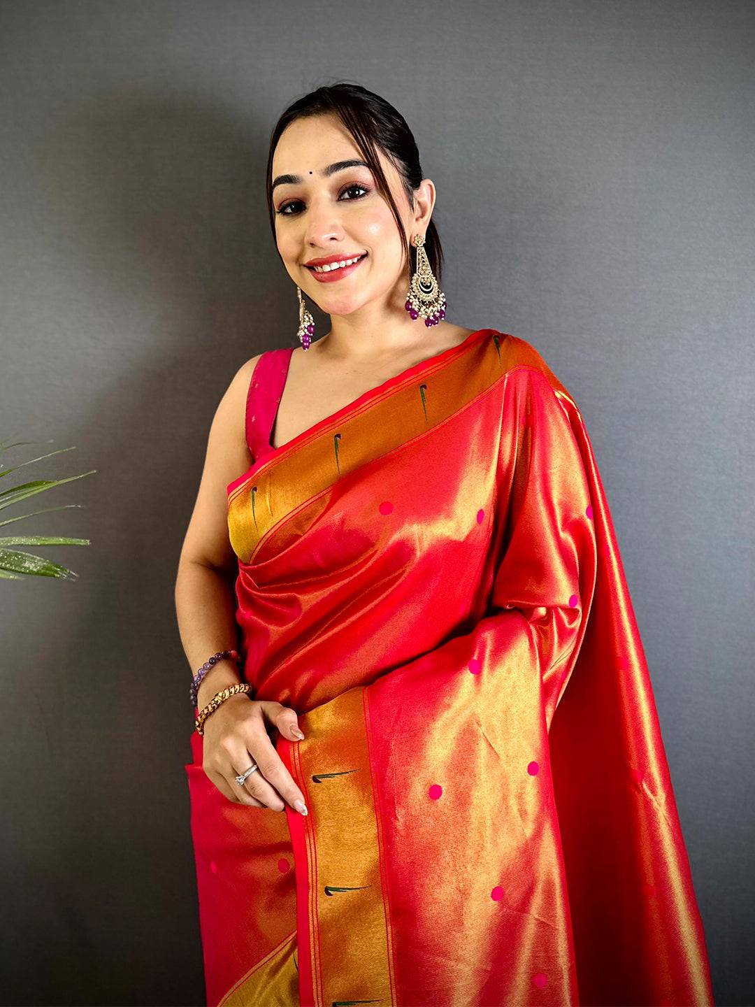 Red Glass Tissue Yevla Paithani Pattu Saree
