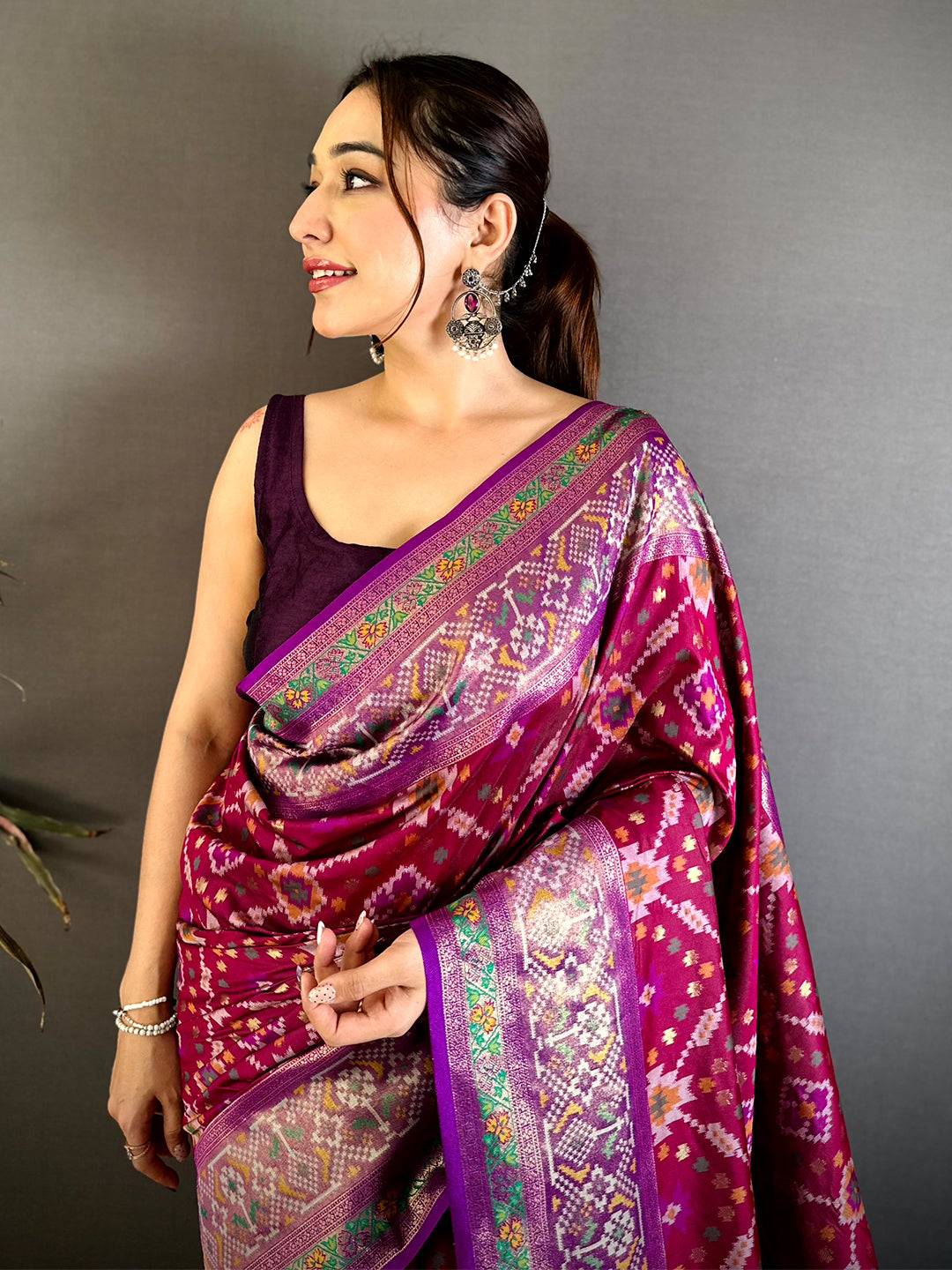 Wine Soft Semi Silk Double Ikkat Patola Pattu Saree
