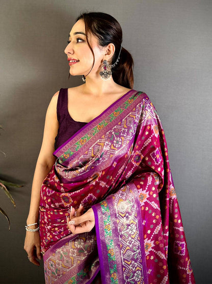 Wine Soft Semi Silk Double Ikkat Patola Pattu Saree