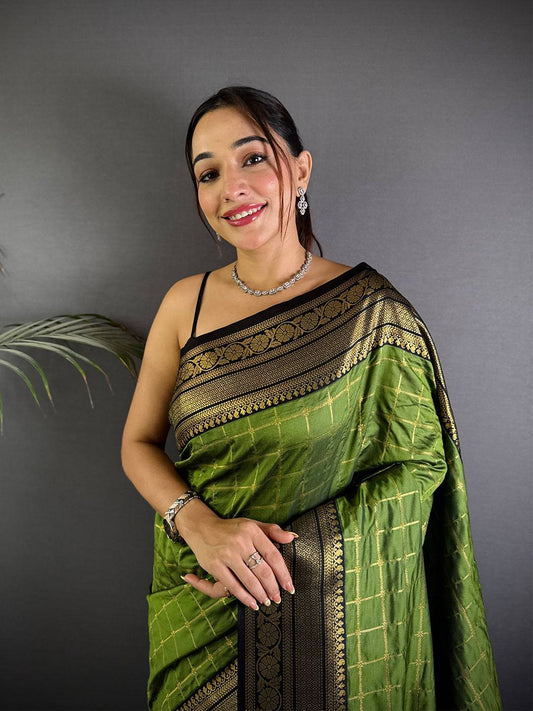 Green Self Chex Soft Silk Pattu Saree