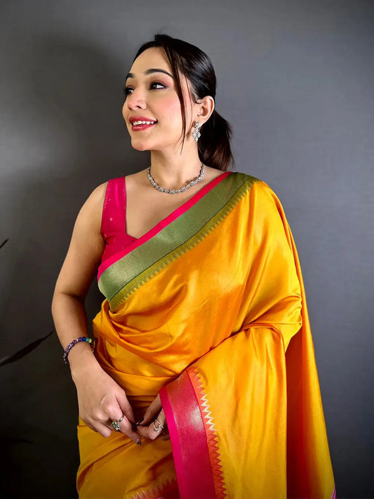 Yellow Ganga Jamuna Ikkat Katan Silk Pattu Saree