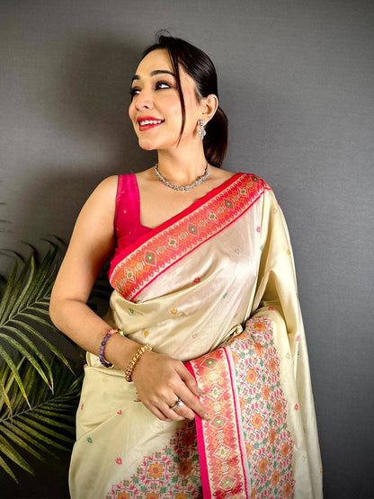 Cream Double Ikat Soft Silk Pattu Saree