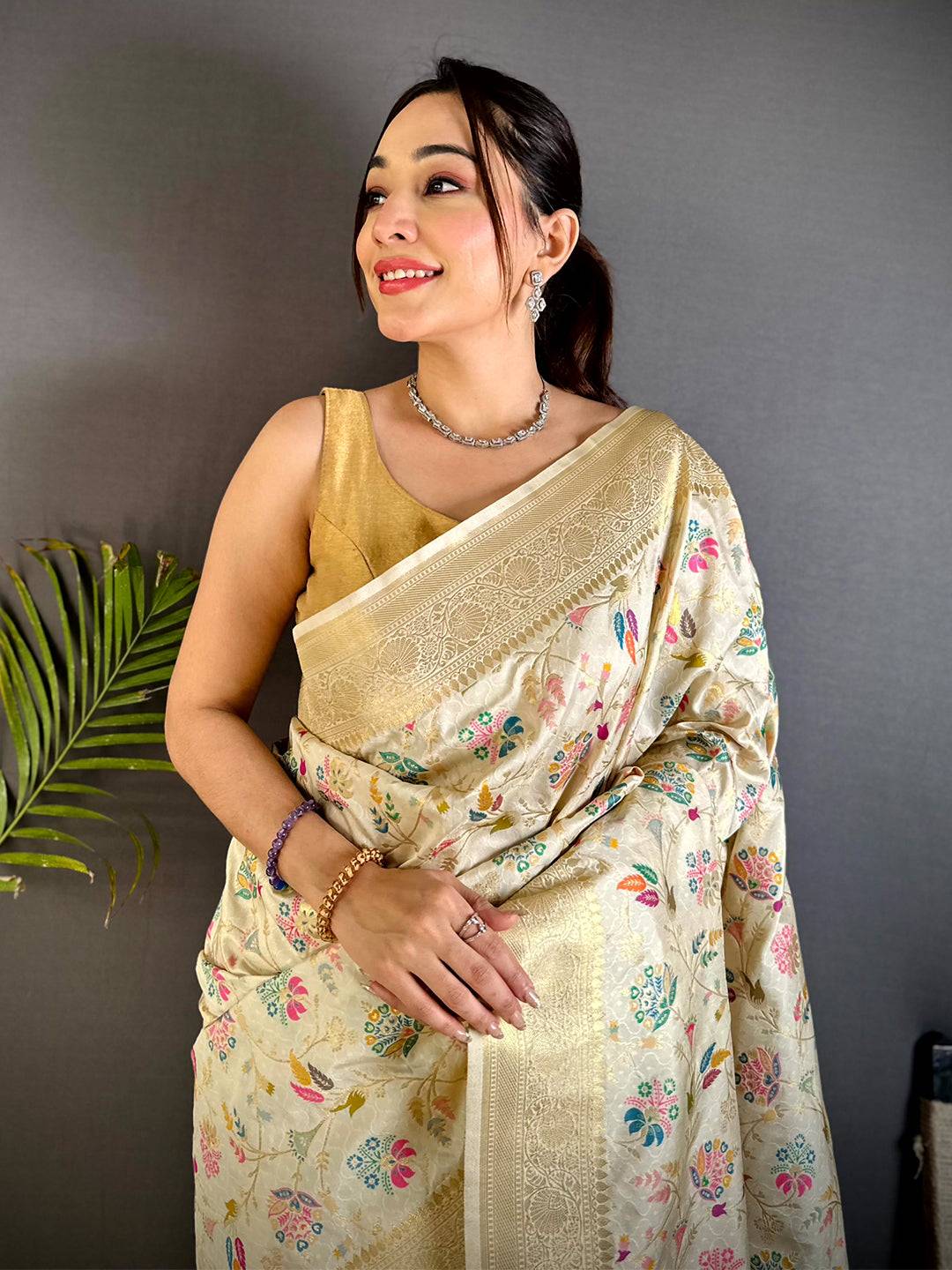 Cream Banarasi Minakari Floral Silk Pattu Saree

