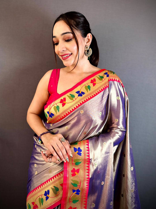 Royal Peach Zari Tissue Paithani Style Pattu Saree