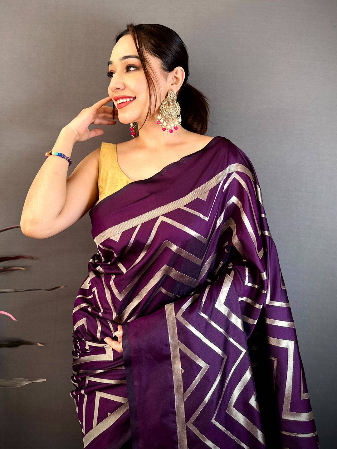 Dark Purple Geometric Zari Weave Banarasi Pattu Saree