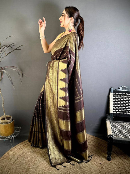 Wooden Brown Soft Silk Temple Border Pattu Saree