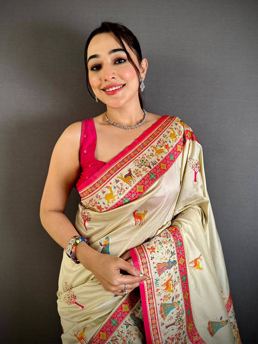 Graceful Kashmiri Pashmina Minakari Pattu Saree