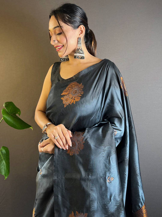 Black Tussar Silk Ikkat Weaving Pattu Saree