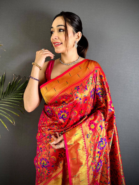 Red Minakari Weave Soft Paithani Pattu Saree