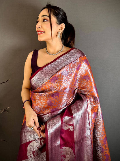Orange Dharmavaram Double Ikkat Pattu Saree