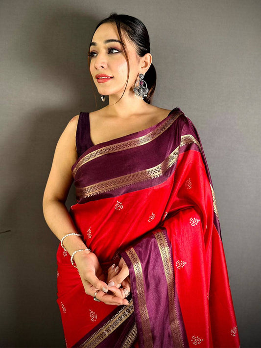 Red Soft Dola Block Print Pallu Pattu Saree