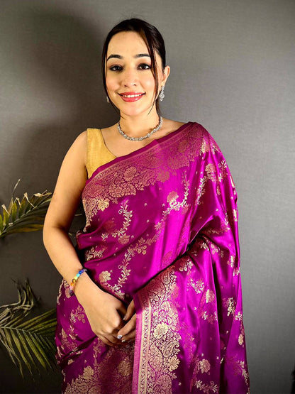 Magenta Satin Silk Zari Weave Pattu Saree