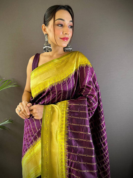 Wine Elegance With Golden Chain Motifs Pattu Saree