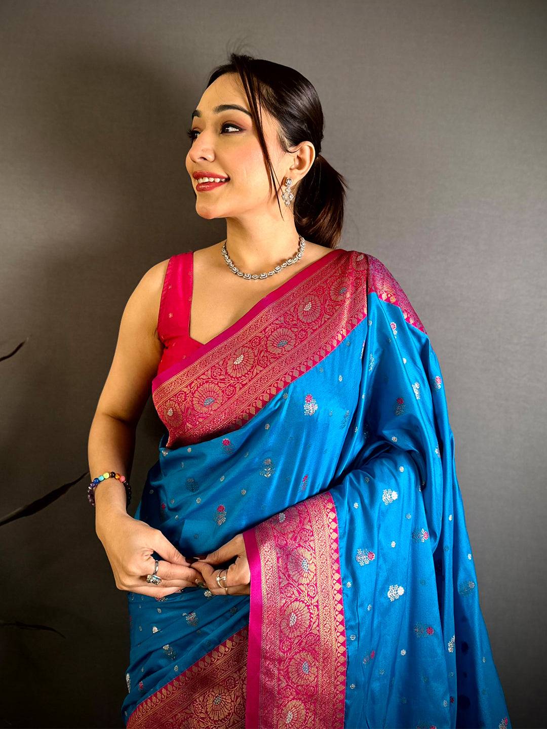 Sky Blue Minakari Butti Zari Tissue Pattu Saree