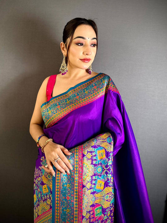 Purple Kashmiri Art Soft Silk Pattu Saree