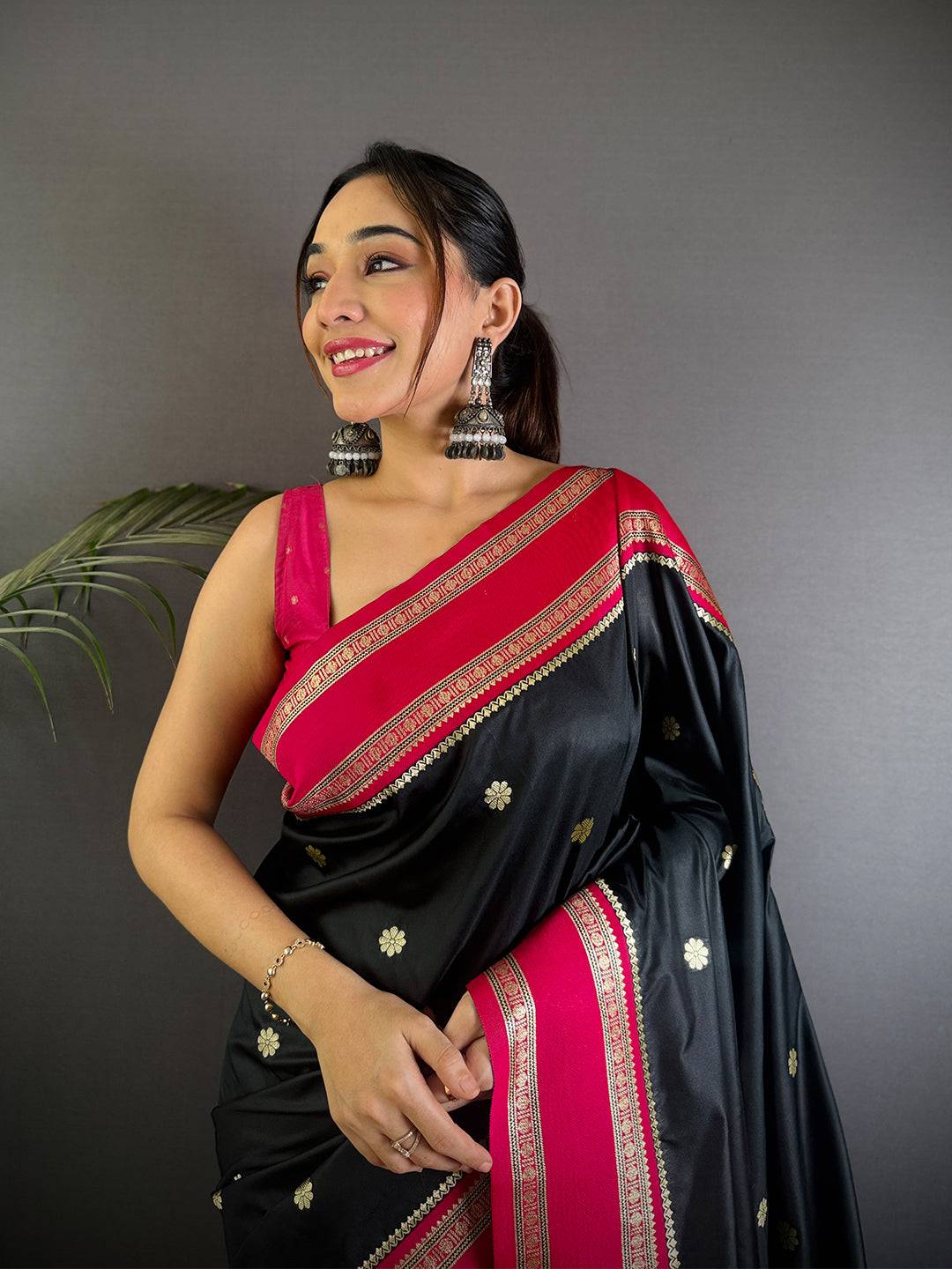Raven Black Soft Silk Floral Butta Saree