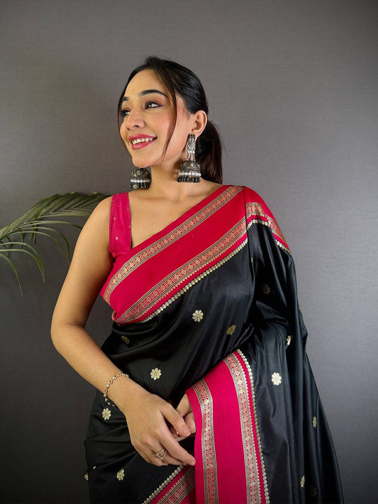 Raven Black Soft Silk Floral Butta Saree