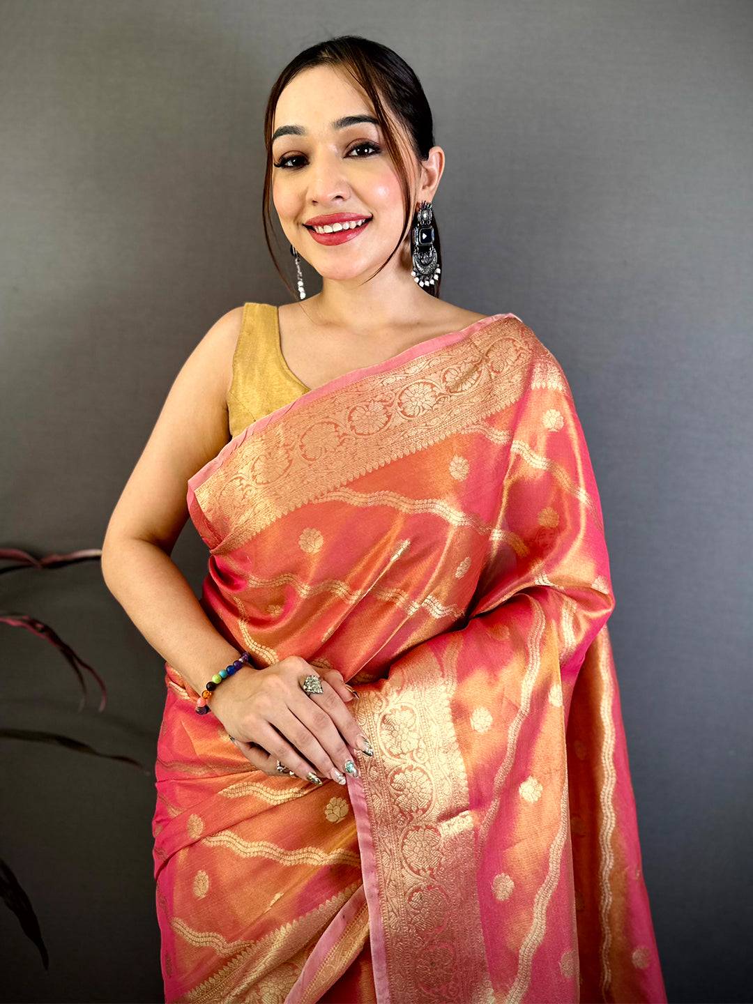 Coral Glass Crush Tissue Leheriya Pattu Saree