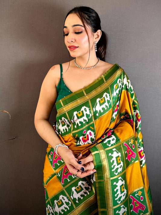 Elegant Yellow Green Ikkat Patola Silk Pattu Saree