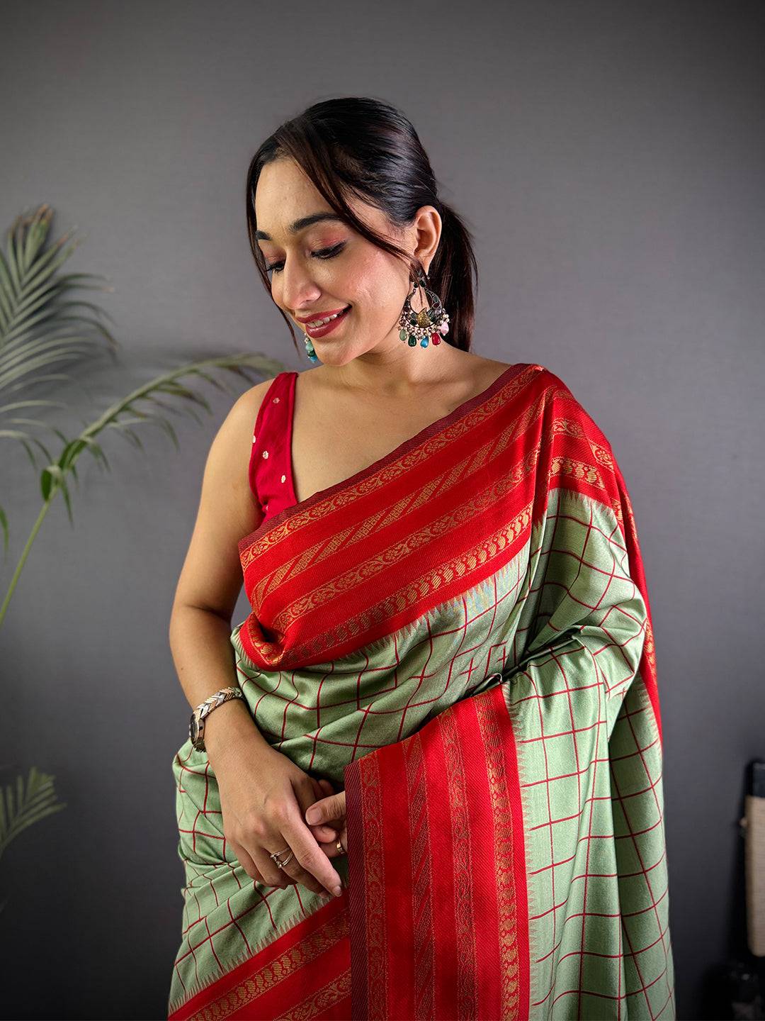 Red Royale Chex Soft Katan Silk Pattu Saree