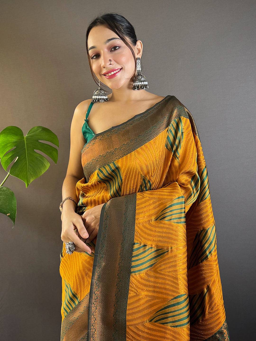 Mustard Tussar Silk Zari Weaving Ikkat Pattu Saree