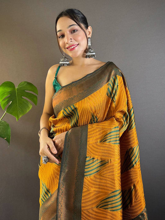 Mustard Tussar Silk Zari Weaving Ikkat Pattu Saree