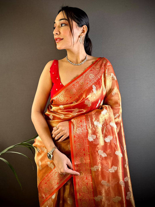 Vibrant Orange Kora Tissue Pattu Saree