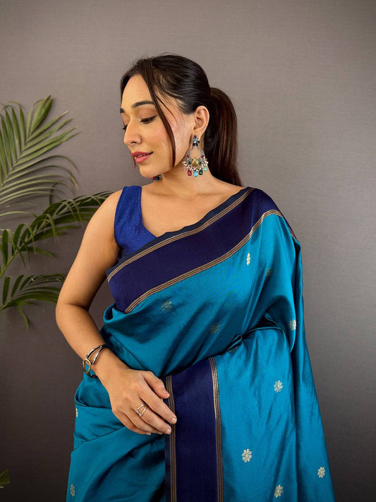 Teal Blue Silk Blend Floral Pattu Saree