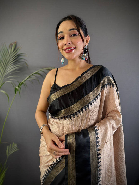 Beige Zari Checked Satin Rettapet Pattu Saree