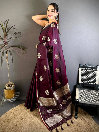 Wine Bird Weaving Mashru Satin Pattu Saree