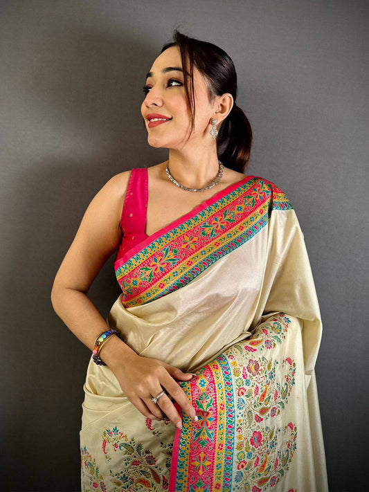 Cream Kashmiri Pashmina Semi Silk Pattu Saree