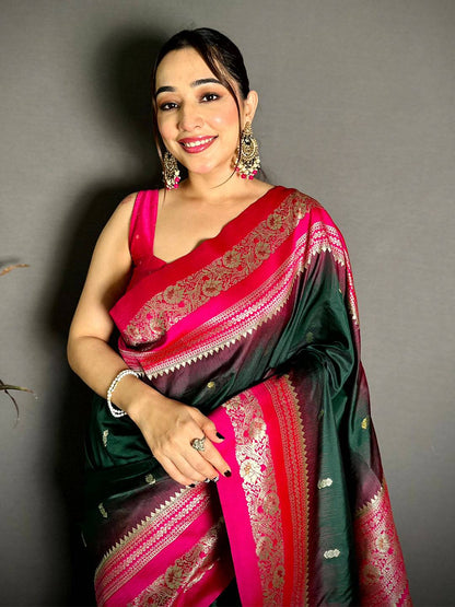 Gold Zari Woven Bottle Green Soft Silk Pattu Saree