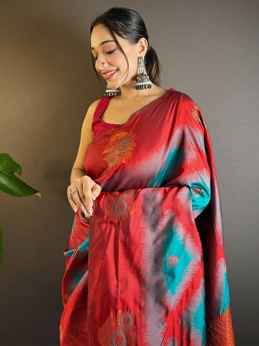 Teal Tussar Silk Ikkat Weaving Pattu Saree