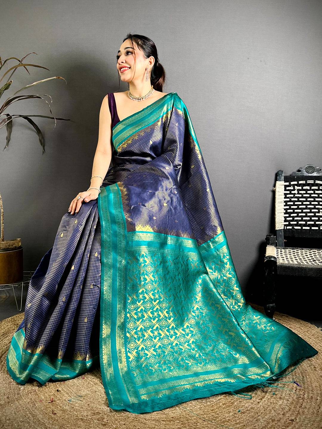 Navy Banarasi Katan Silk Gadwal Zari Pattu Saree