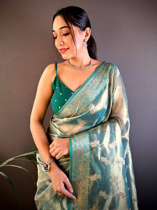 Elegant Teal Kora Tissue Pattu Saree