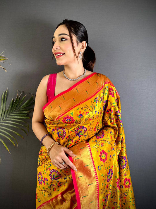 Yellow Minakari Weave Soft Paithani Pattu Saree