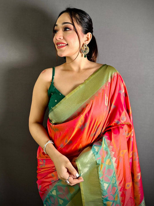 Coral Soft Silk Pochampally Ikkat Minakari Pattu Saree